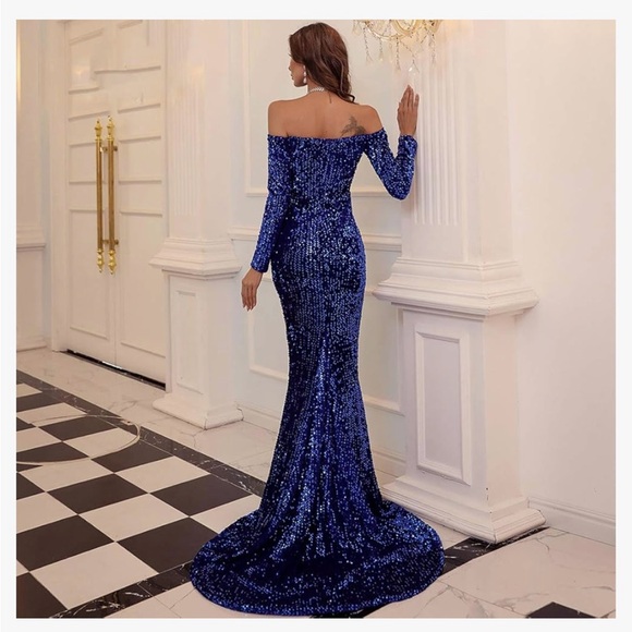 Sequin off shoulder mermaid cocktail formal gown dress - Picture 5 of 10